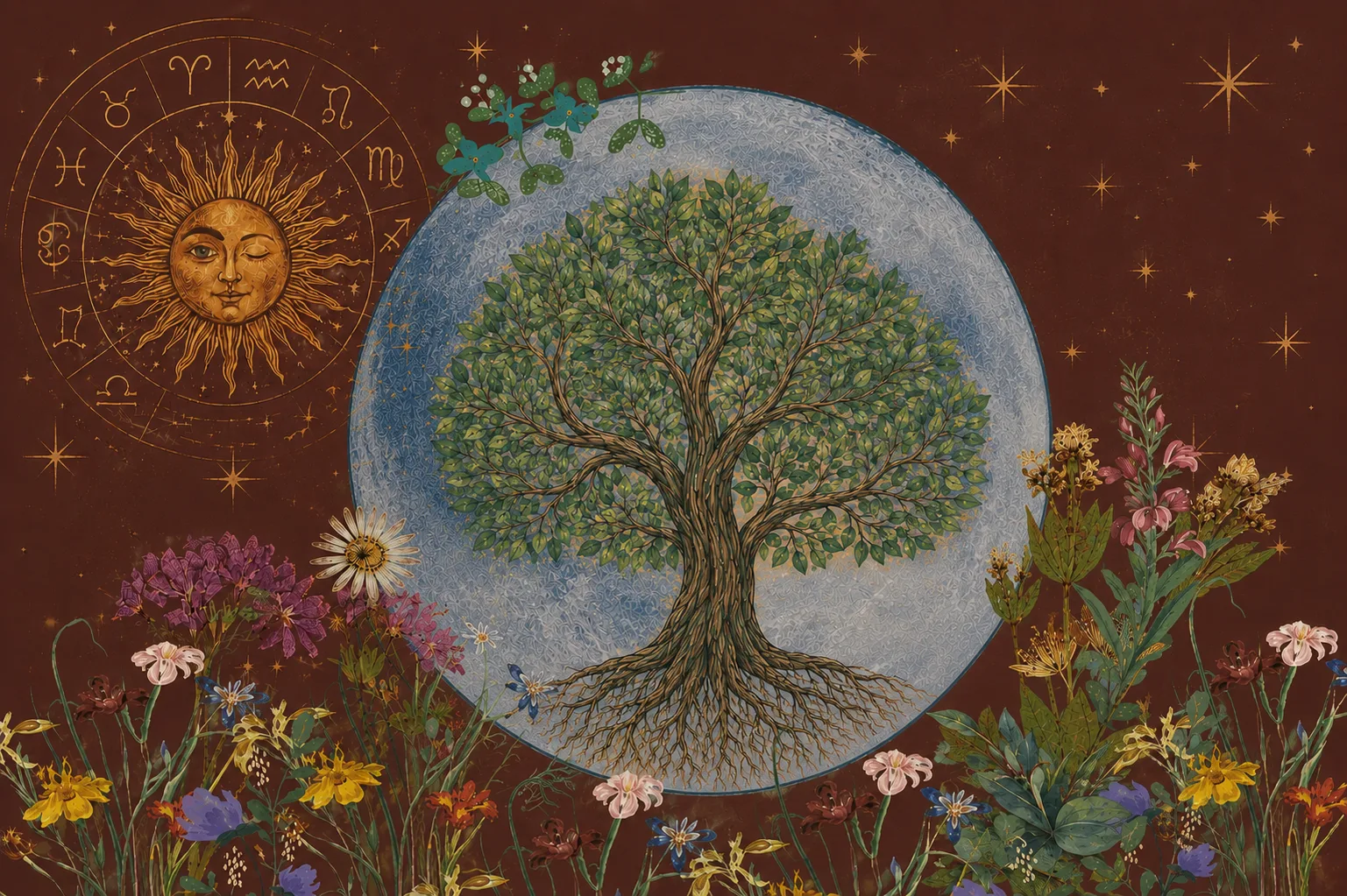 Arbre de vie sous la lune, couronne zodiacale et fleurs sauvages